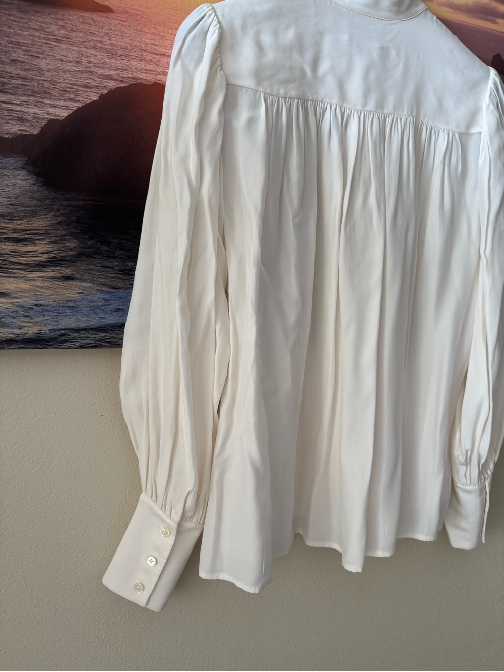 Frame Denim Ivory Pleated Band-Collar Button-Down Chloe Silk Blouse/ S/ NWT - Picture 6 of 14